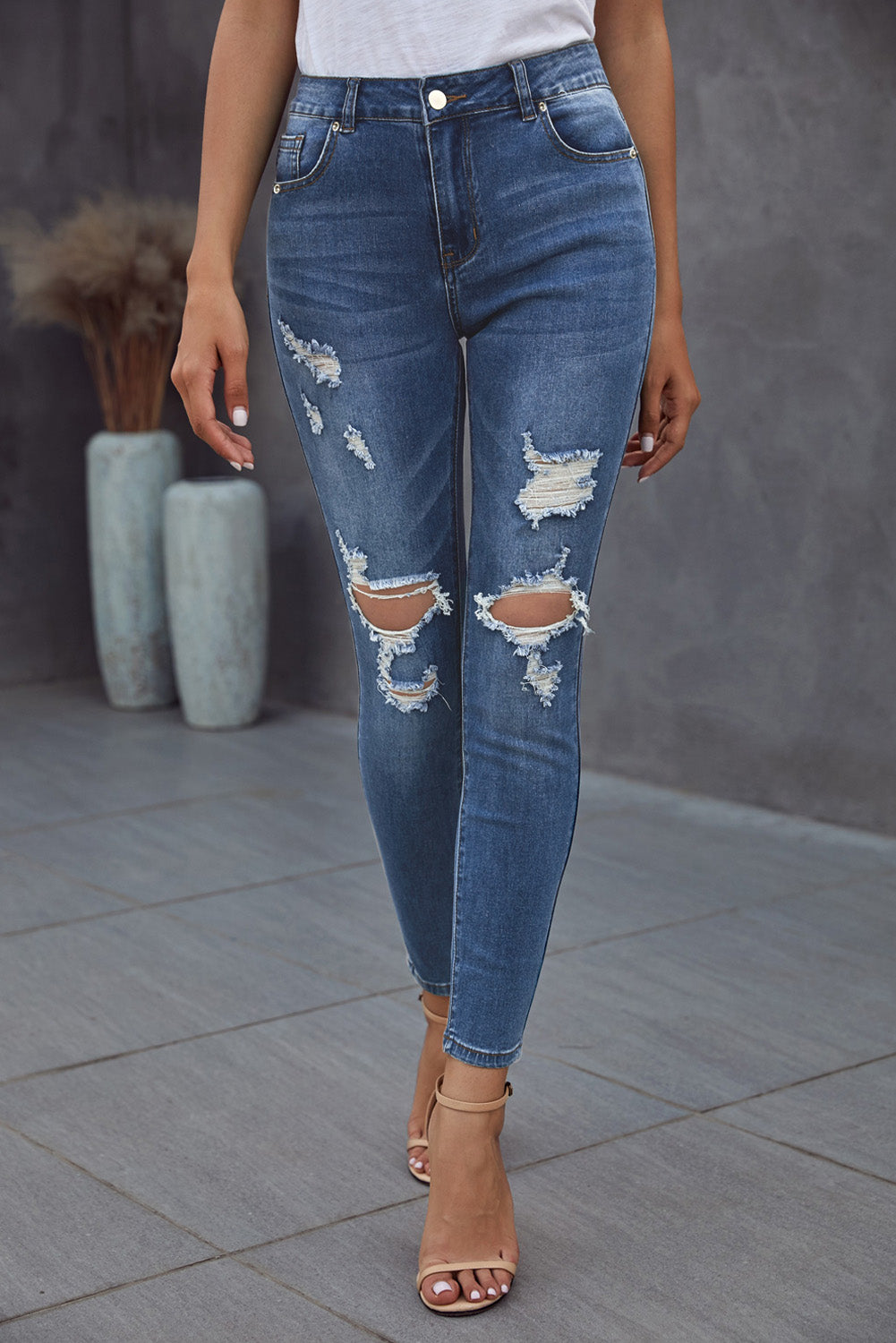 Blue Hollow Out Vintage Skinny Ripped Jeans - LA Grand