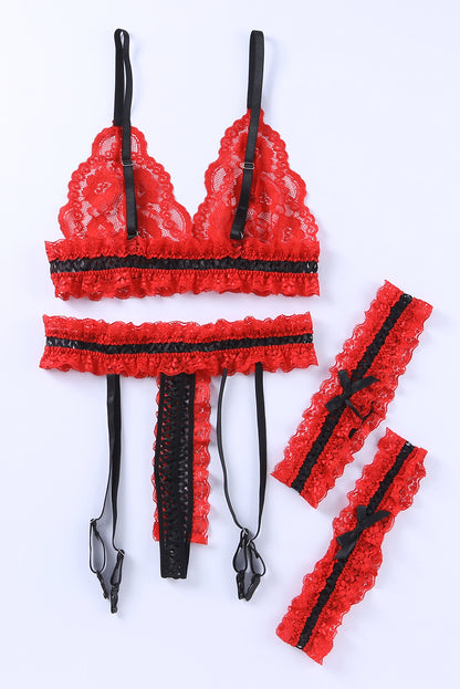 Fiery Red Sheer Lace Contrast Black Trim Lingerie Set - LA Grand