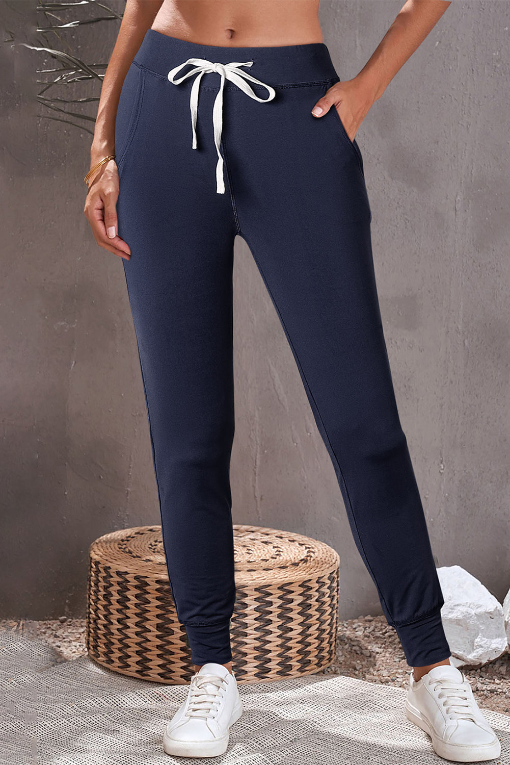 Navy Blue Drawstring Waist Pocketed Joggers - LA Grand