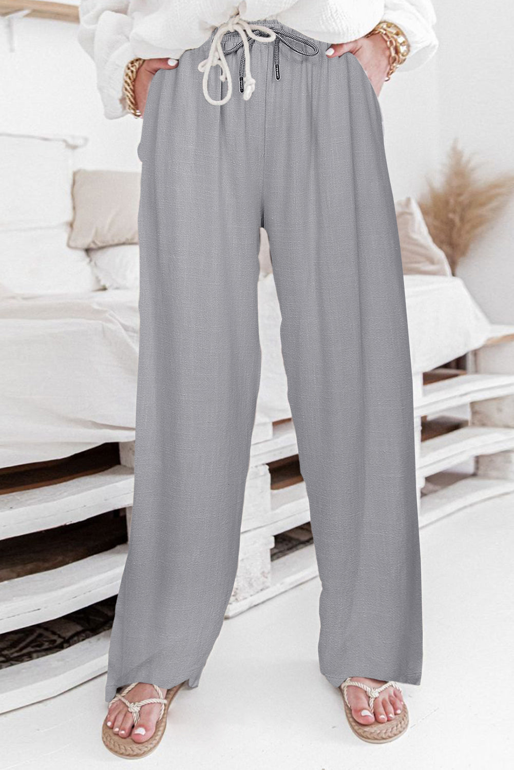 Gray High Waist Drawstring Wide Legs Casual Pants - LA Grand