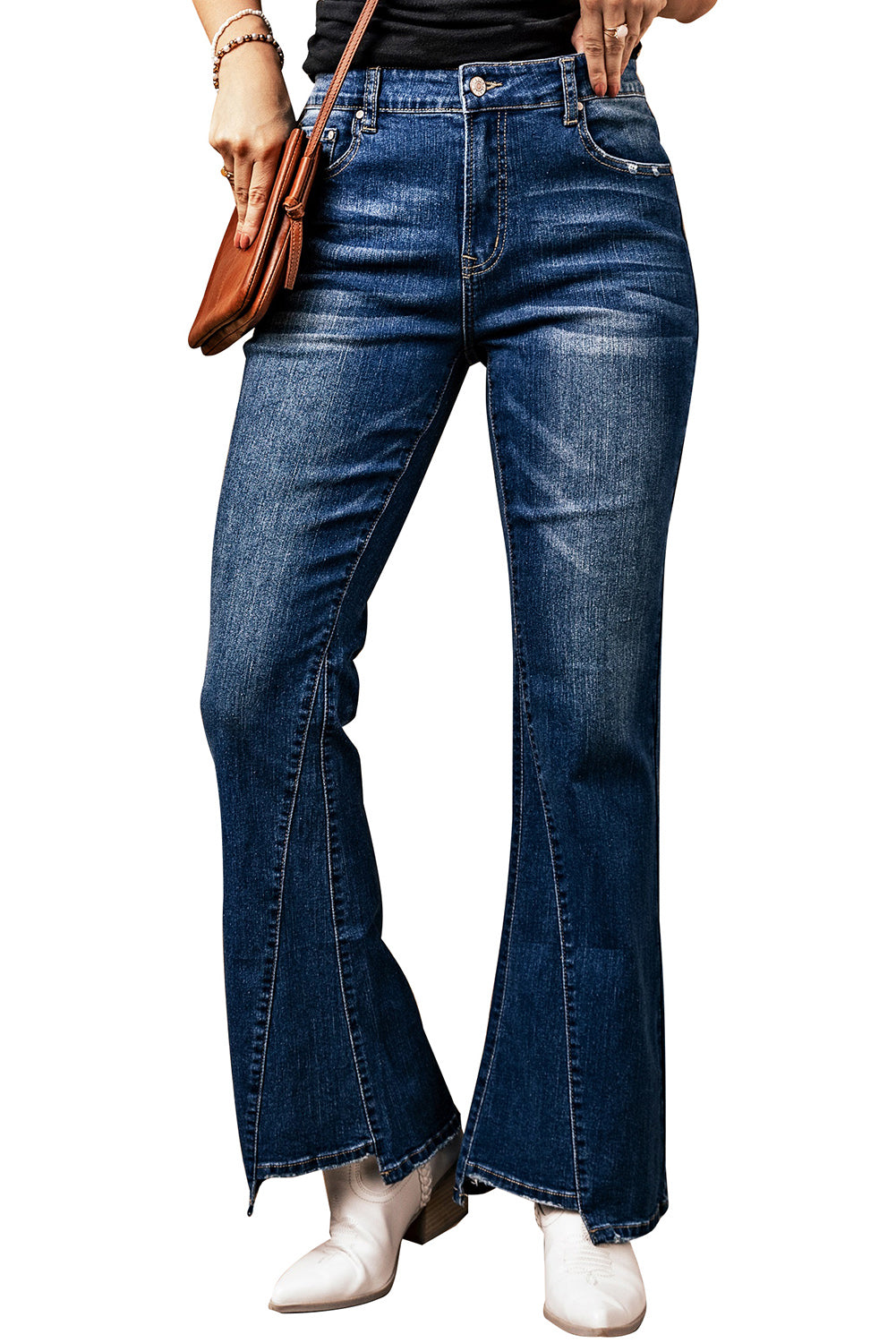 Sky Blue Medium Wash High Rise Flare Jeans - LA Grand