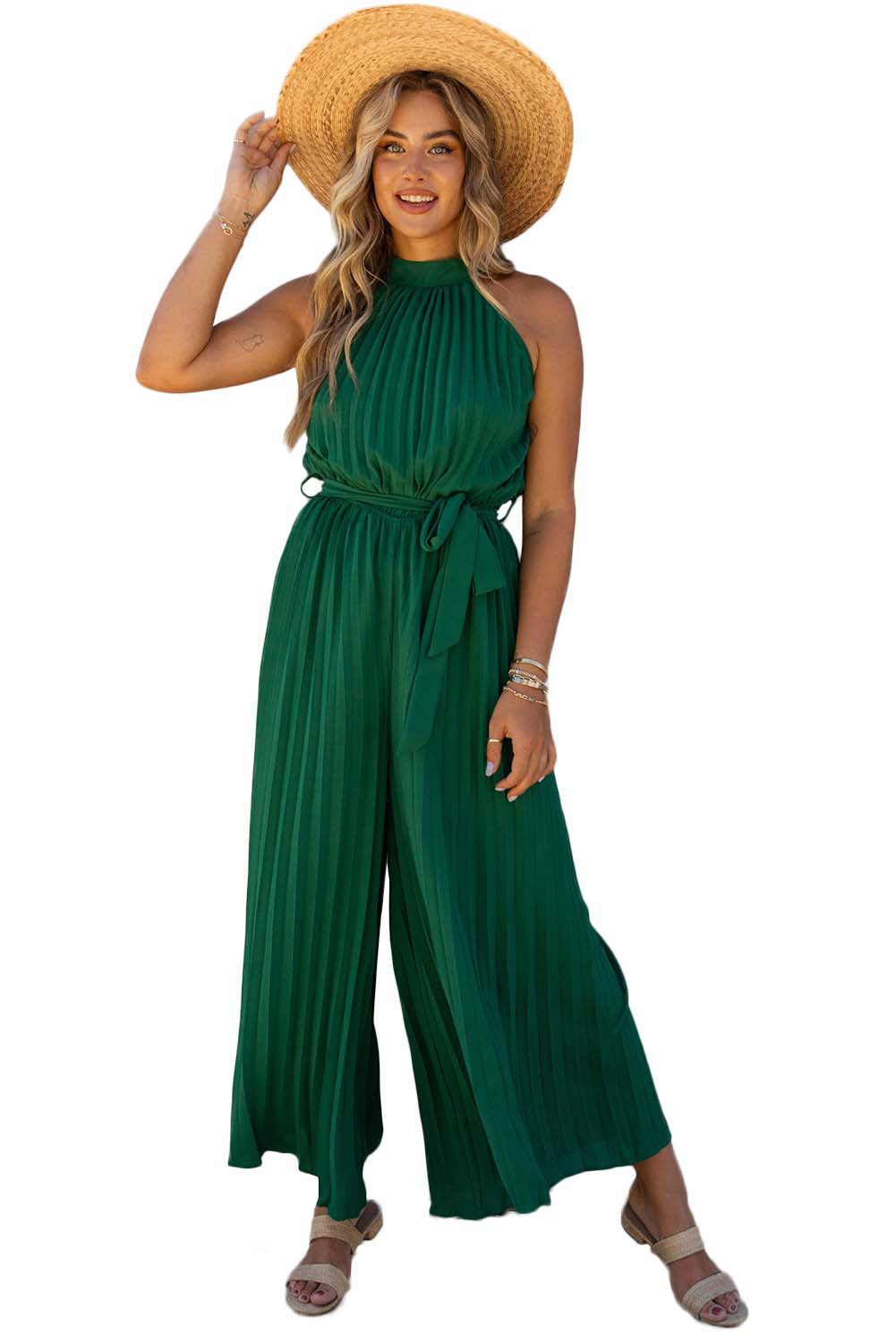 Black Halter Neck Pleated Wide Leg Jumpsuit with Belt - LA Grand