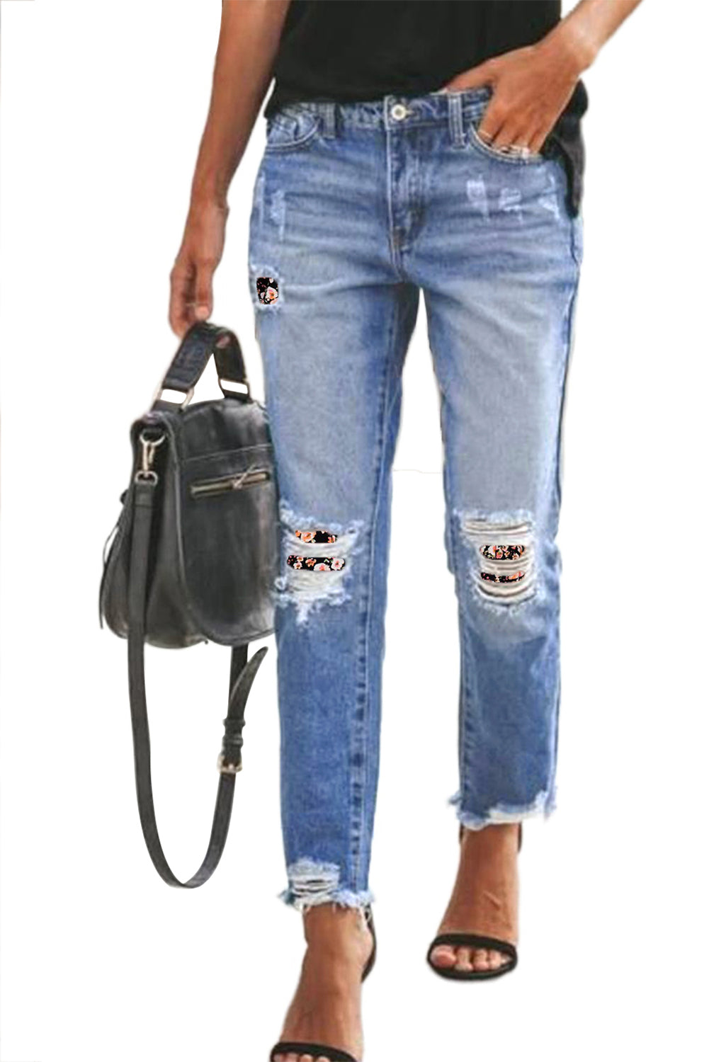 White Floral Patchwork Hollow Out Frayed Hem Ripped Jeans - LA Grand