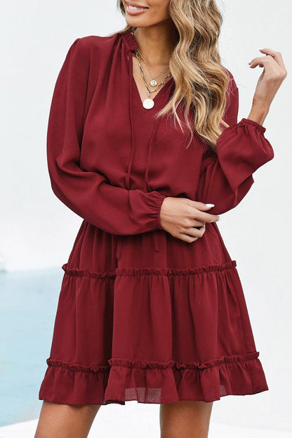 V Neck Long Sleeve Ruffle Tiered Mini Dress - LA Grand