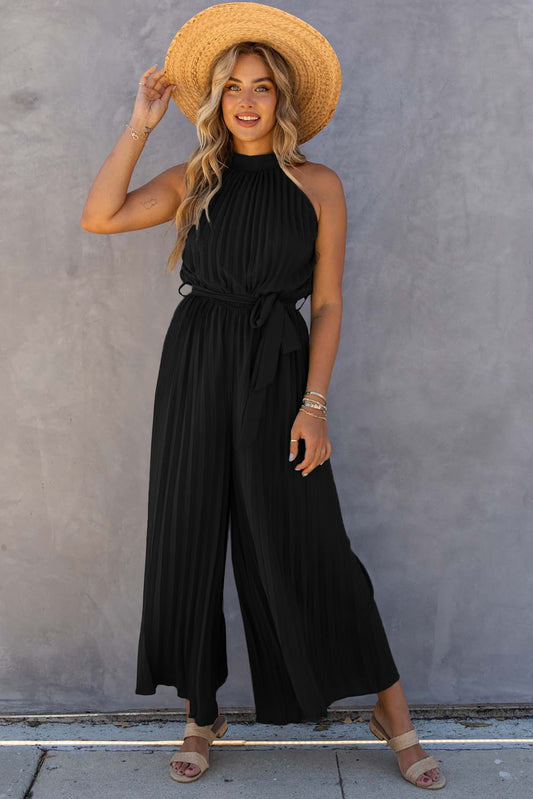 Black Halter Neck Pleated Wide Leg Jumpsuit with Belt - LA Grand