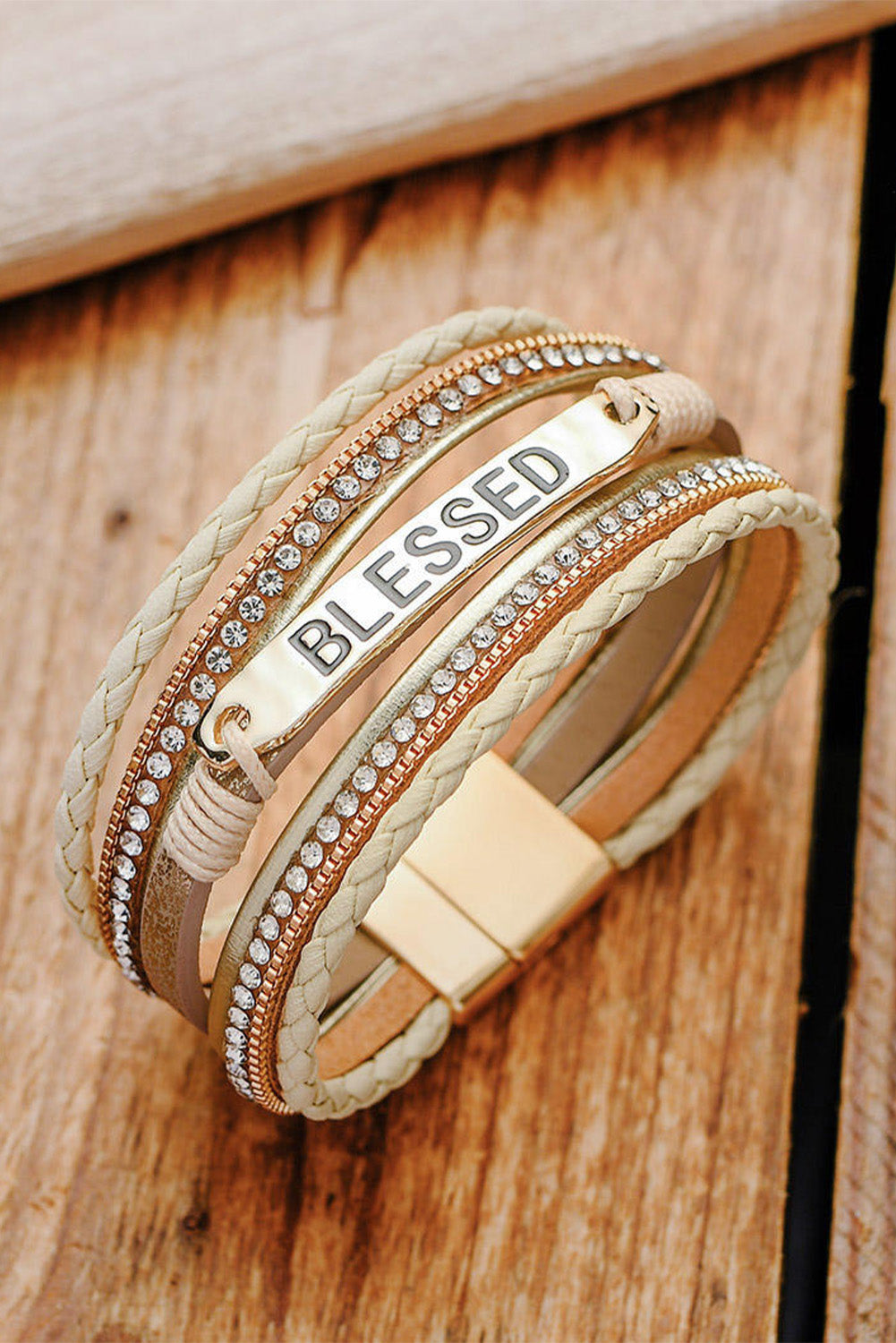 Beige BLESSED Rhinestone Braided Detail Buckle Bracelet - LA Grand