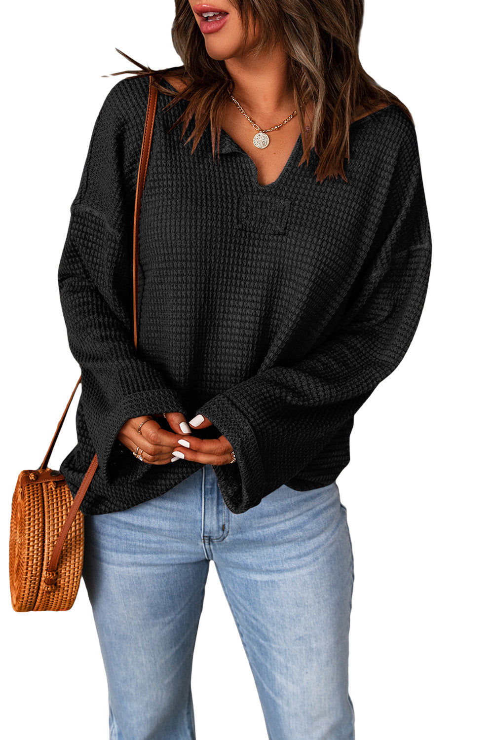 Dusk Blue Waffle Knit Loose Long Sleeve Top - LA Grand