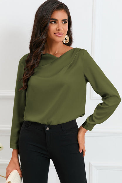 Apricot Solid Asymmetric V Neck Long Sleeve Satin Blouse - LA Grand