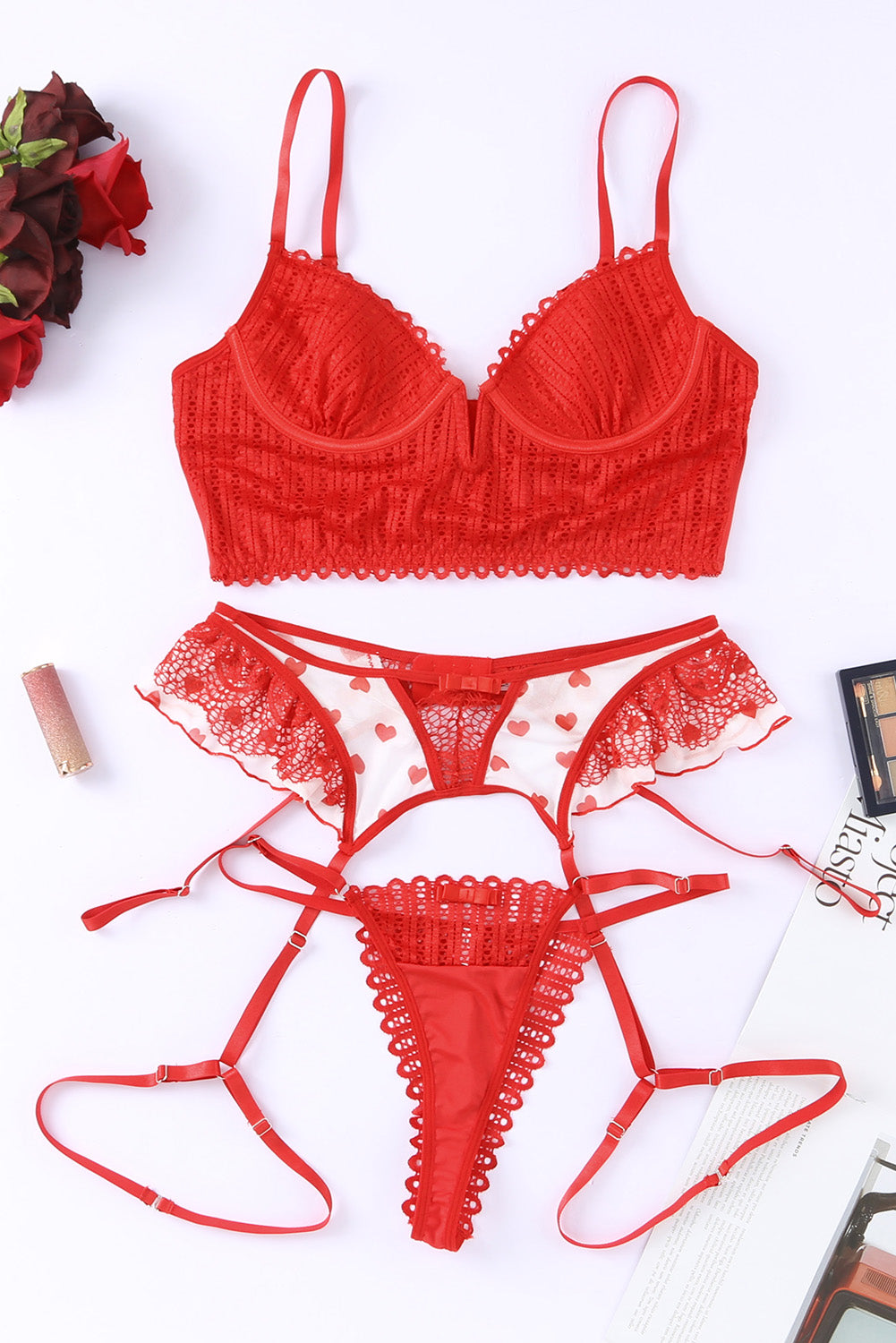 Fiery Red 3pcs Heart Print Mesh Splice Sexy Lingerie Set - LA Grand