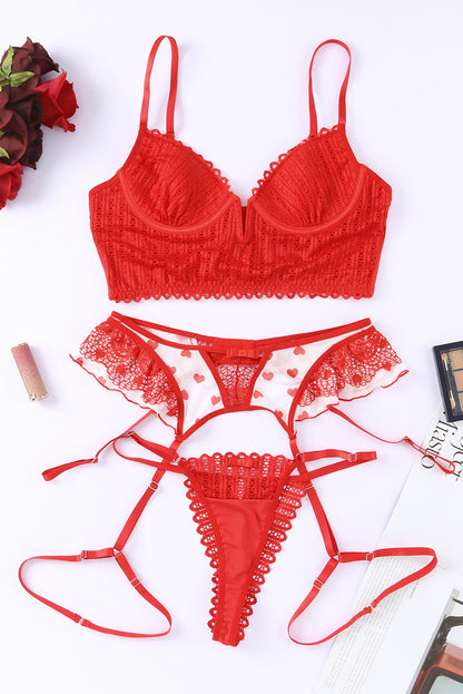 Fiery Red 3pcs Heart Print Mesh Splice Sexy Lingerie Set - LA Grand