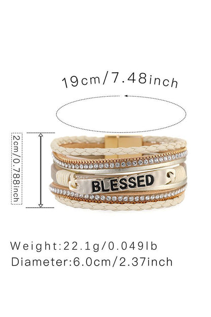 Beige BLESSED Rhinestone Braided Detail Buckle Bracelet - LA Grand