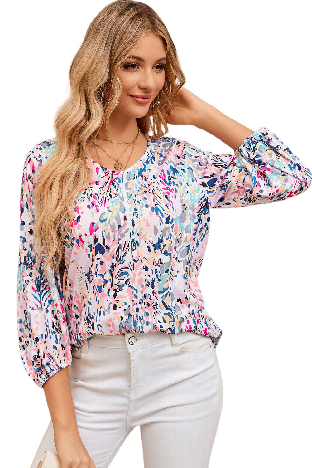 Blue Floral Print Puffy Sleeve Loose Blouse - LA Grand