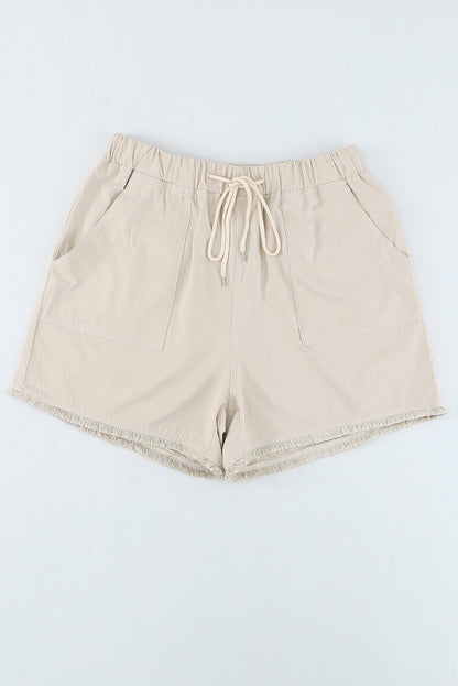 Black Raw Hem Pocketed Drawstring Casual Shorts - LA Grand