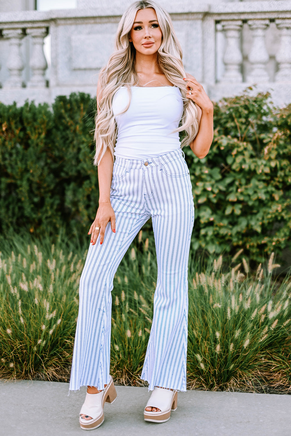 White High Waist Striped Print Flared Pants - LA Grand