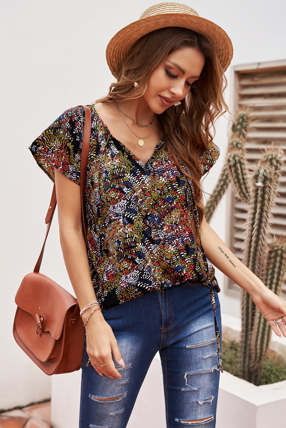 Multicolor V-neck Short Sleeve Fashion Print Fantasy Fluttering Blouse - LA Grand