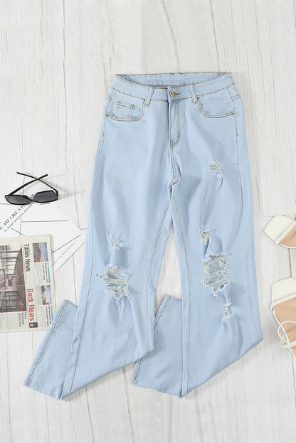 Sky Blue Washed Ripped Knee Wide Legs Jeans - LA Grand