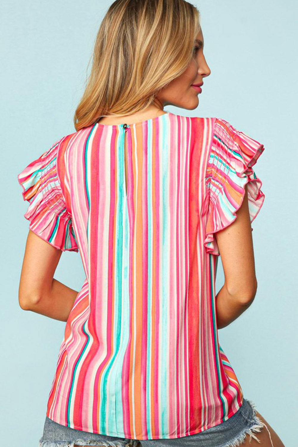 Multicolor Abstract Print Stitching Ruffle Sleeve Blouse - LA Grand