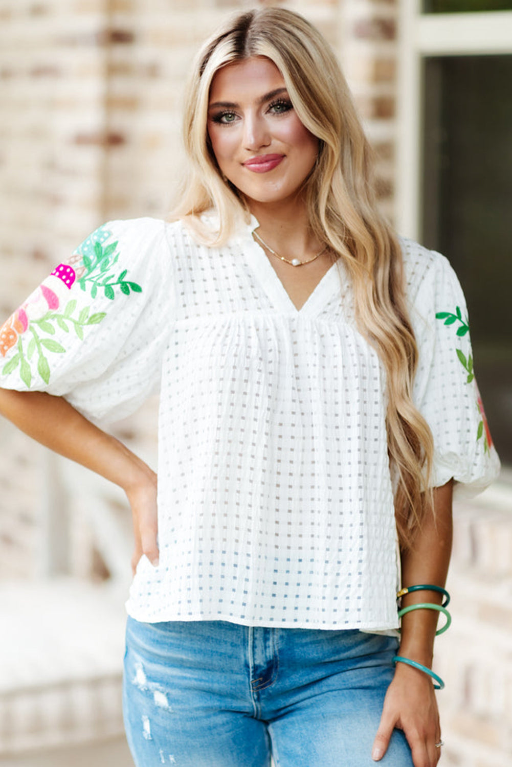 White Floral Embroidered Puff Sleeve Notched Neck Blouse - LA Grand