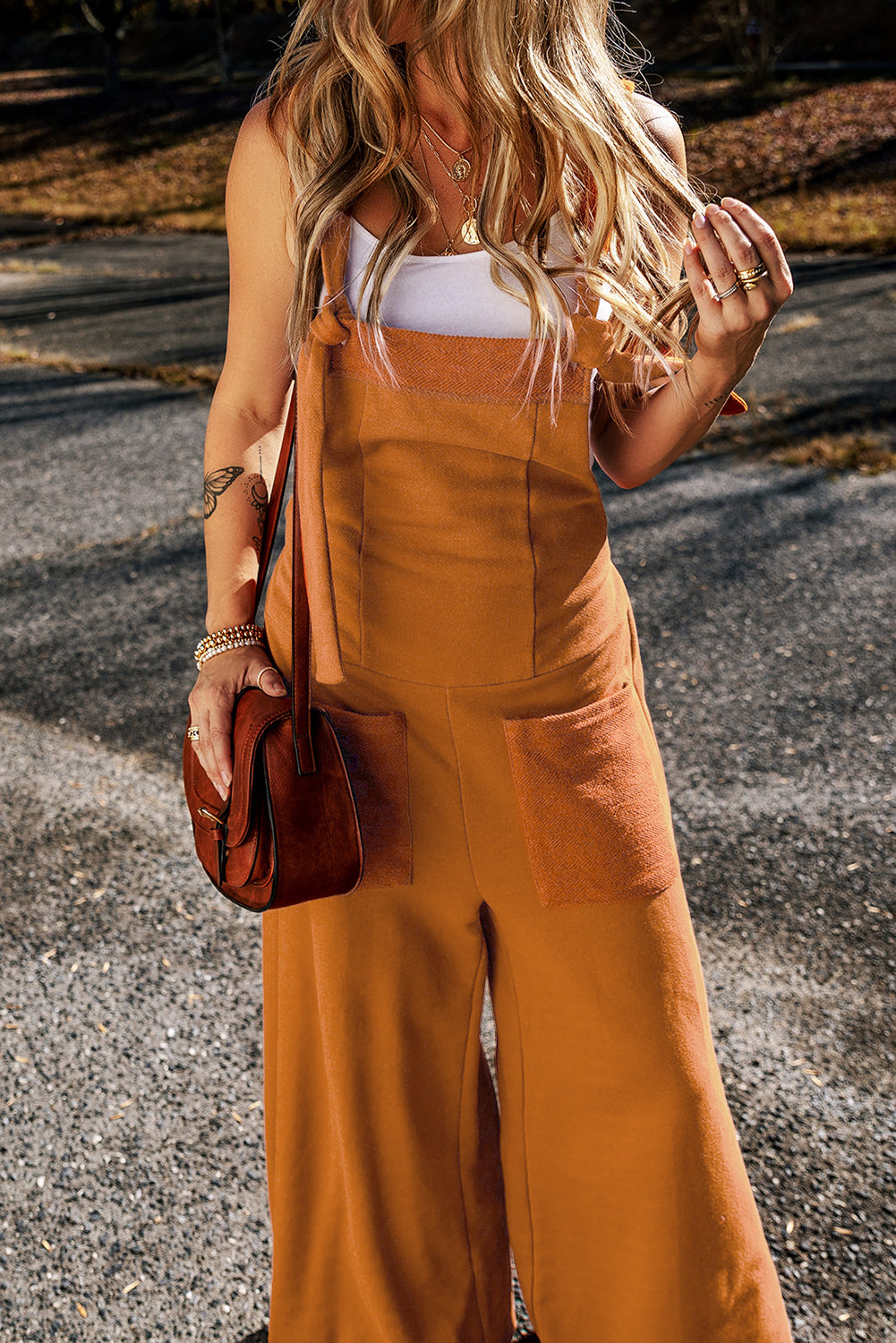 Brown Knotted Straps Patch Pocket Wide Leg Jumpsuit - LA Grand