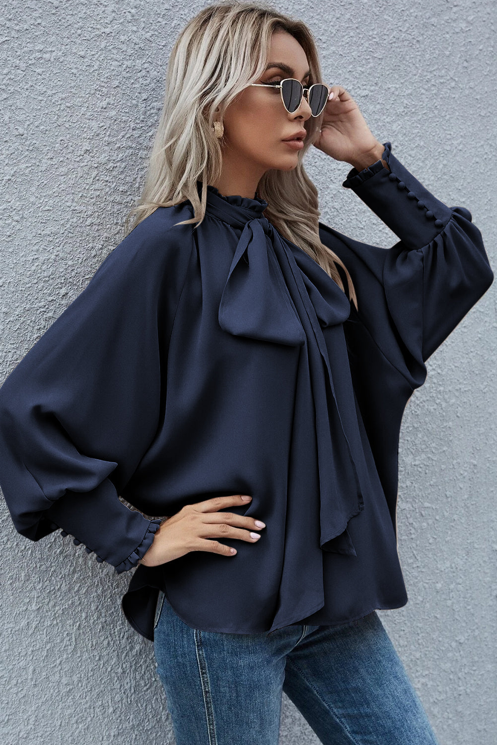 Navy Blue Frilled Knotted Mock Neck Bishop Sleeve Blouse - LA Grand