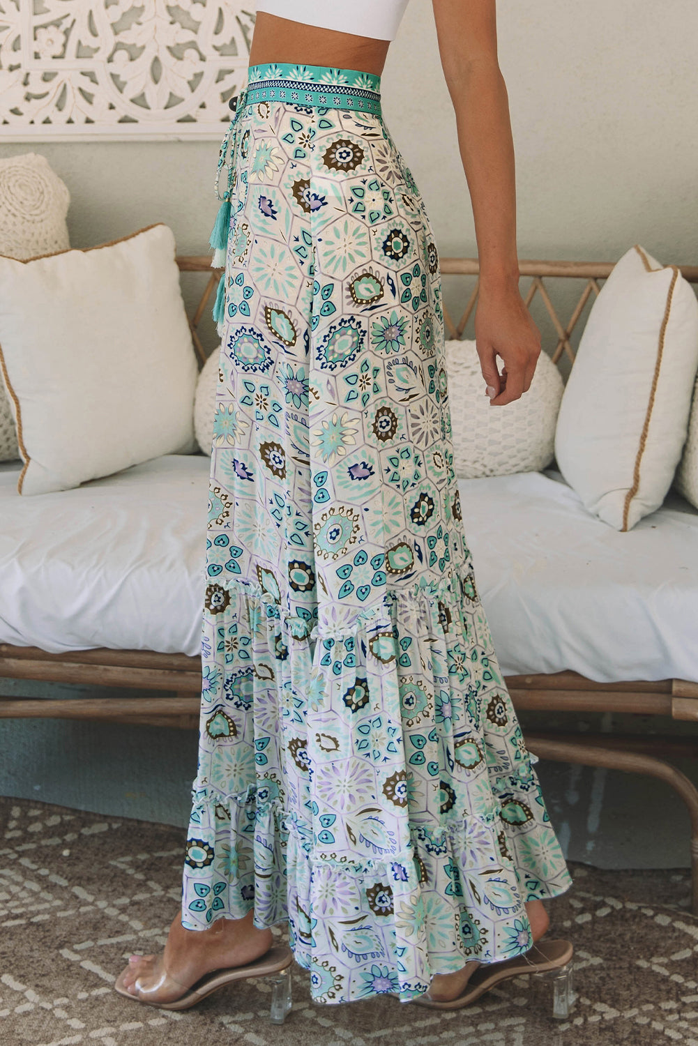 Sky Blue Boho Floral Print Maxi Skirt - LA Grand