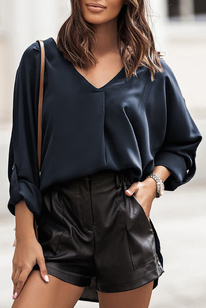 Blue V Neck 3/4 Sleeve High Low Hem Shirt - LA Grand