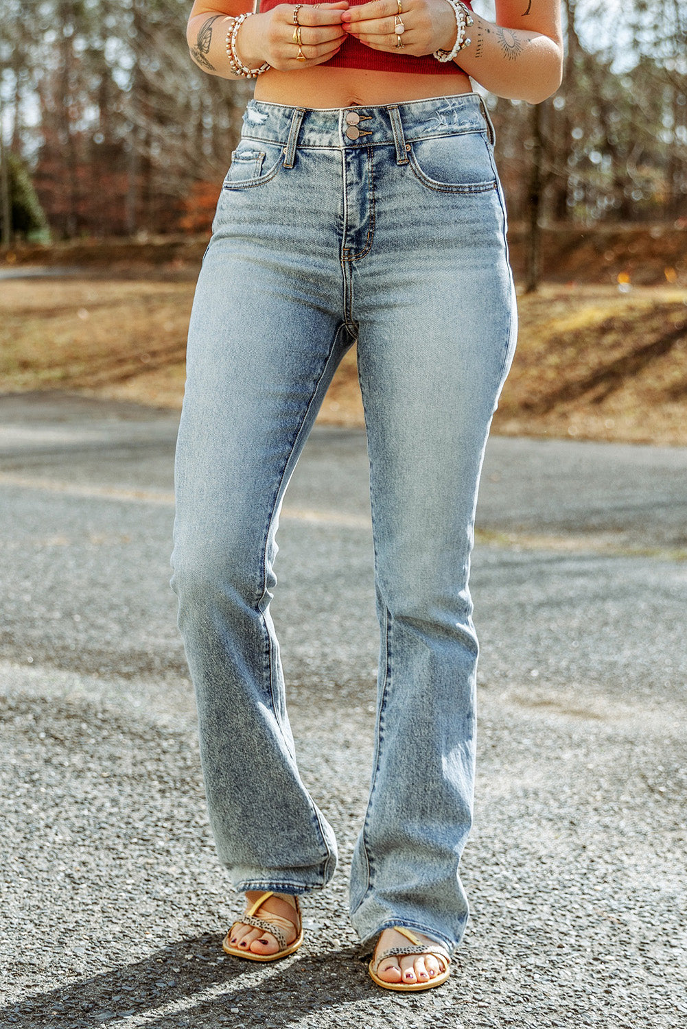 Sky Blue Subtle Ripped Detail Flare Bottom Jeans - LA Grand