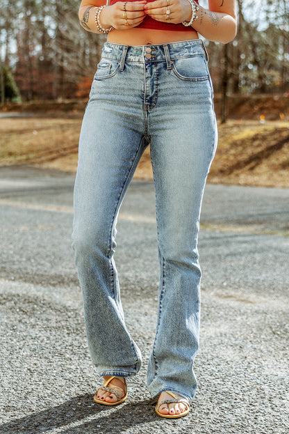 Sky Blue Subtle Ripped Detail Flare Bottom Jeans - LA Grand