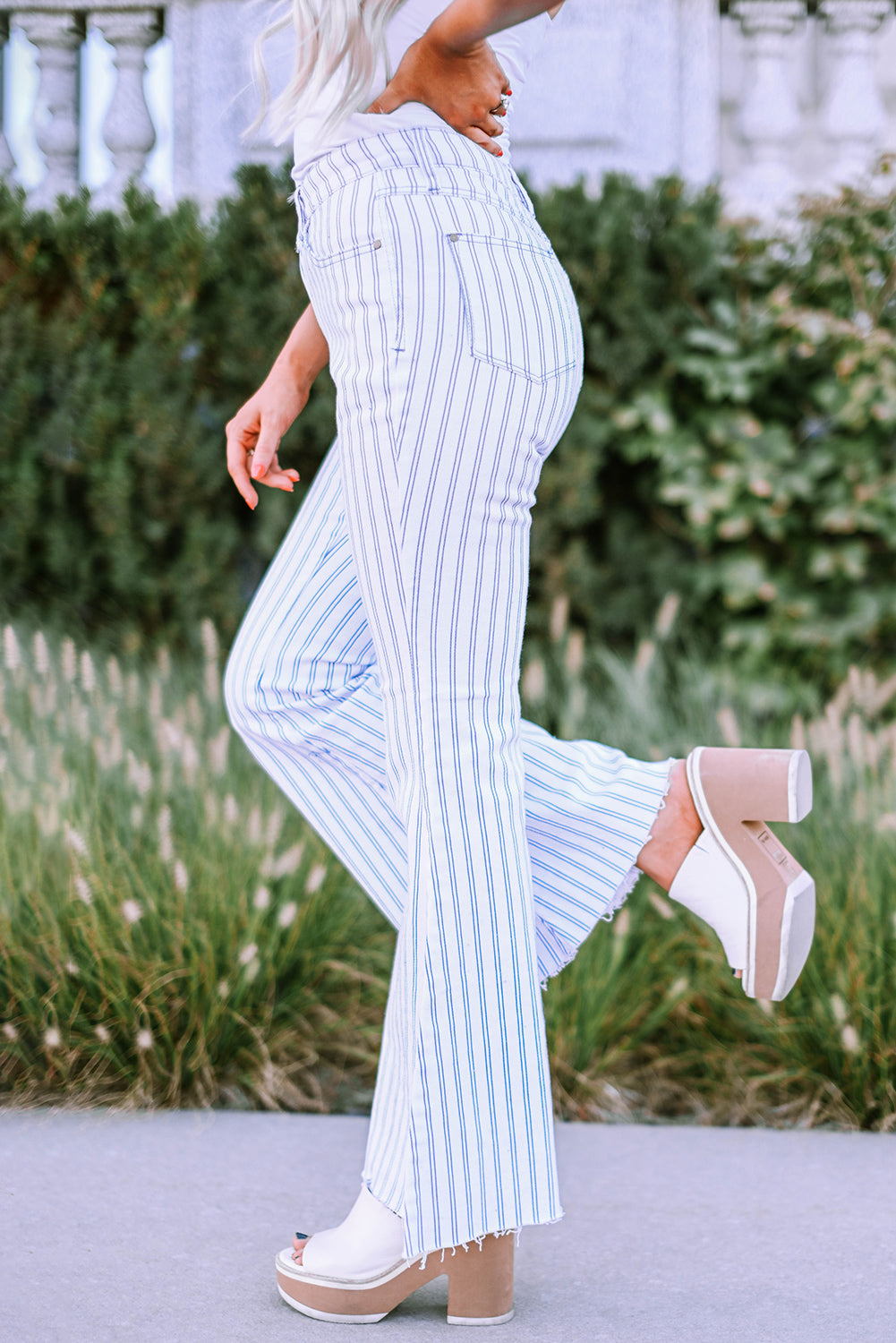 White High Waist Striped Print Flared Pants - LA Grand