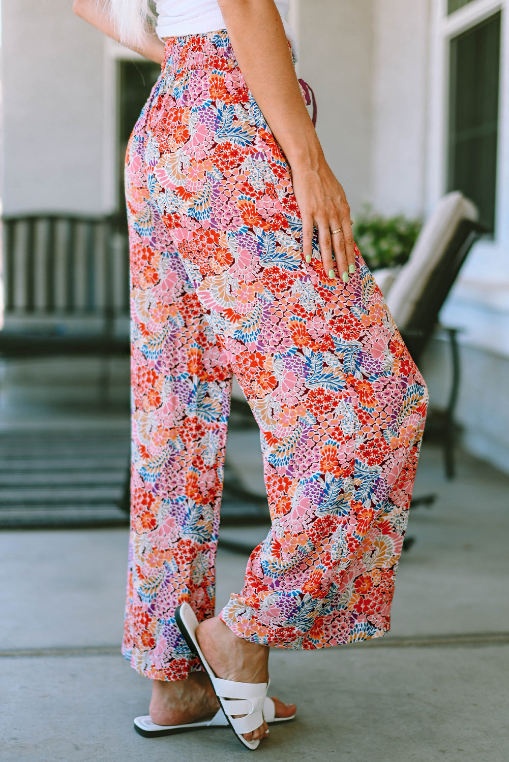 Fiery Red Gorgeous Print Drawstring Smocked High Waist Pants - LA Grand