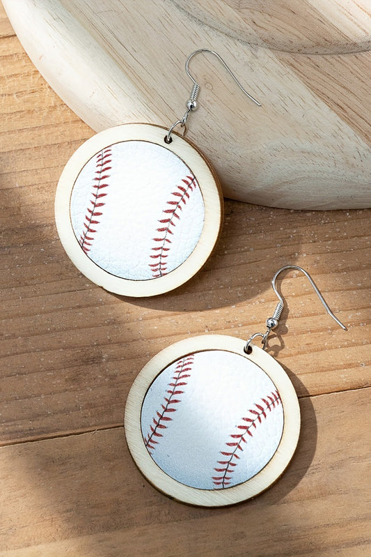 White Wooden Leather Inset Baseball Earrings - LA Grand