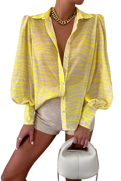 Yellow Zebra Stripes Print Lantern Sleeve Shirt - LA Grand