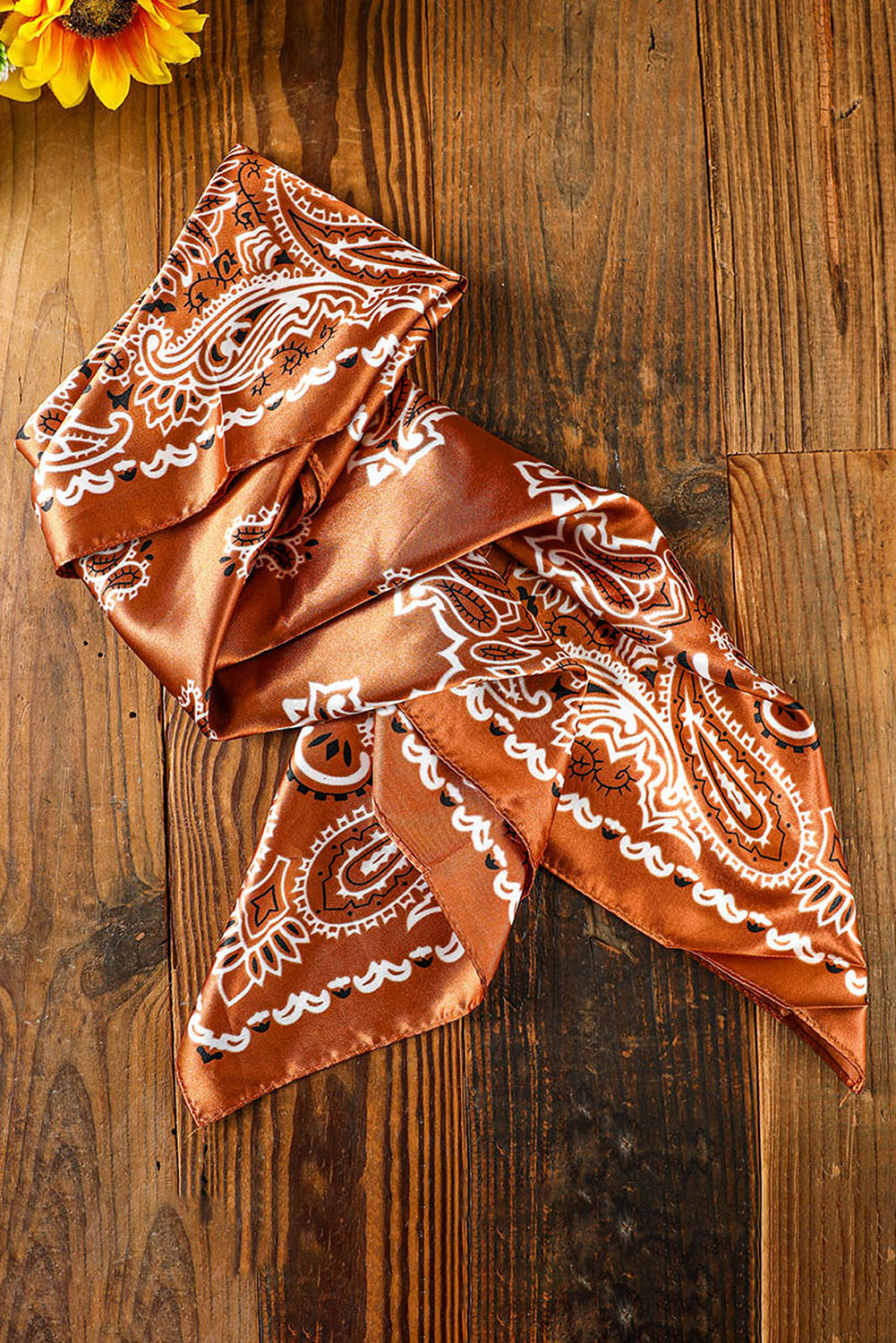 Gold Flame Vintage Fashion Satin Paisley Flower Prints Square Scarf - LA Grand