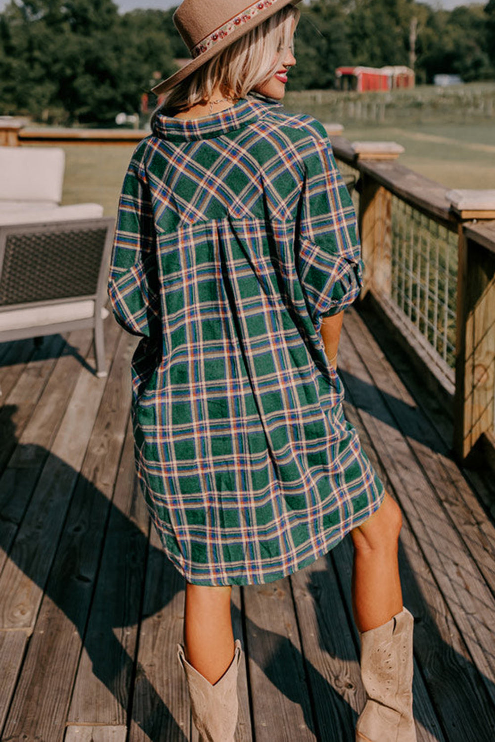 Green Oversized Plaid Half Sleeve Tunic Shirt - LA Grand