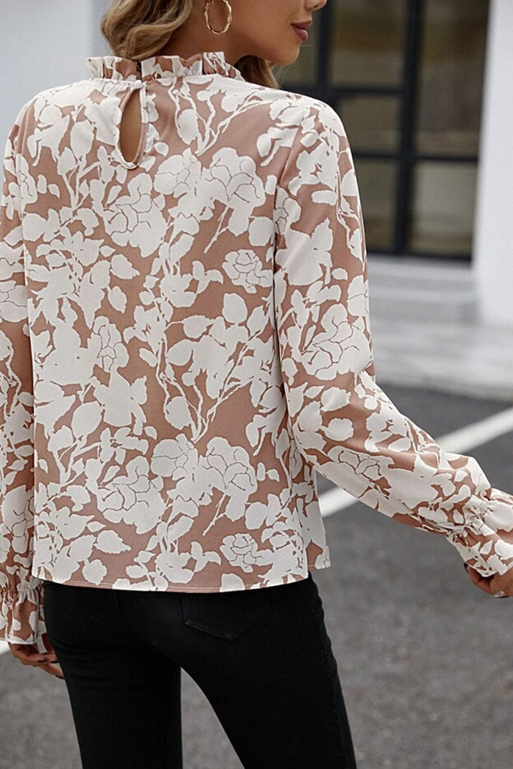 White Floral Print Frilled Neckline Flounce Sleeve Blouse - LA Grand