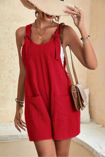 Fiery Red Adjustable Straps Pocketed Textured Romper - LA Grand