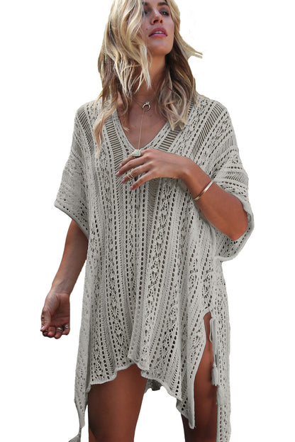 Gray Crochet Knitted Tassel Tie Kimono Beachwear - LA Grand