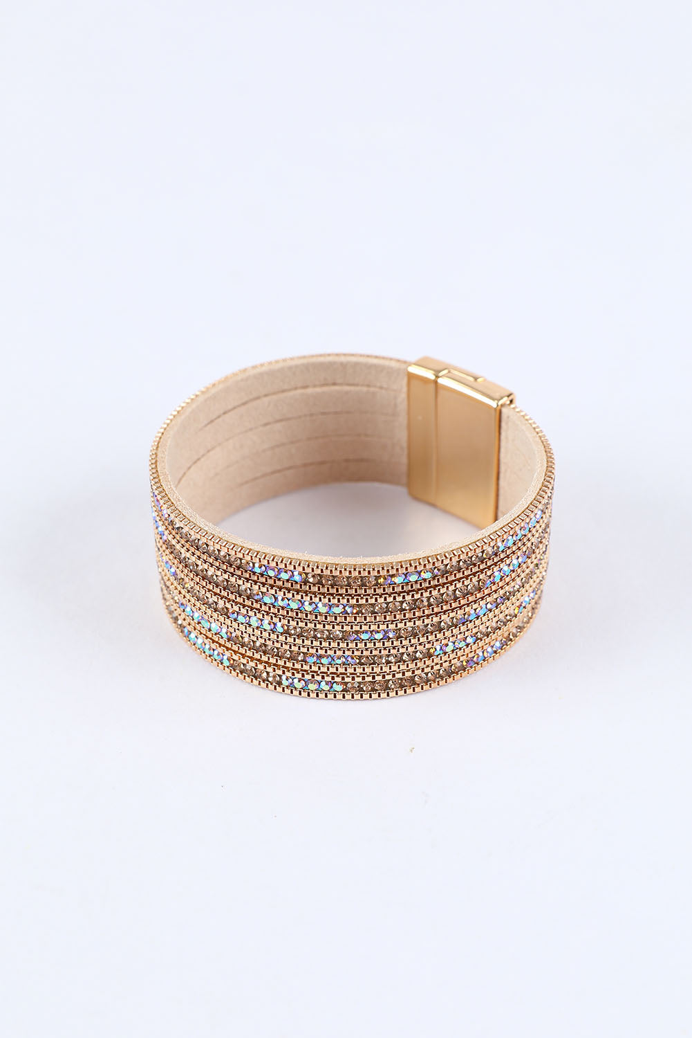 Gold Full Diamond Leather Wide Edge Magnetic Buckle Bracelet - LA Grand