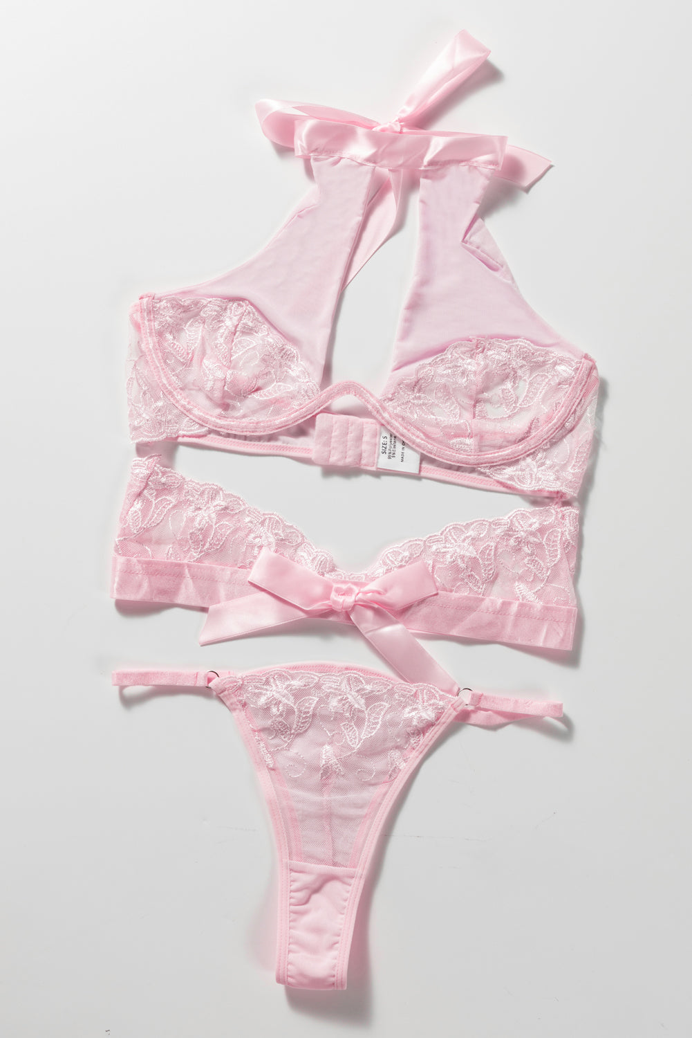 Pink Lace Mesh Cutout Satin Bow Lingerie Set - LA Grand