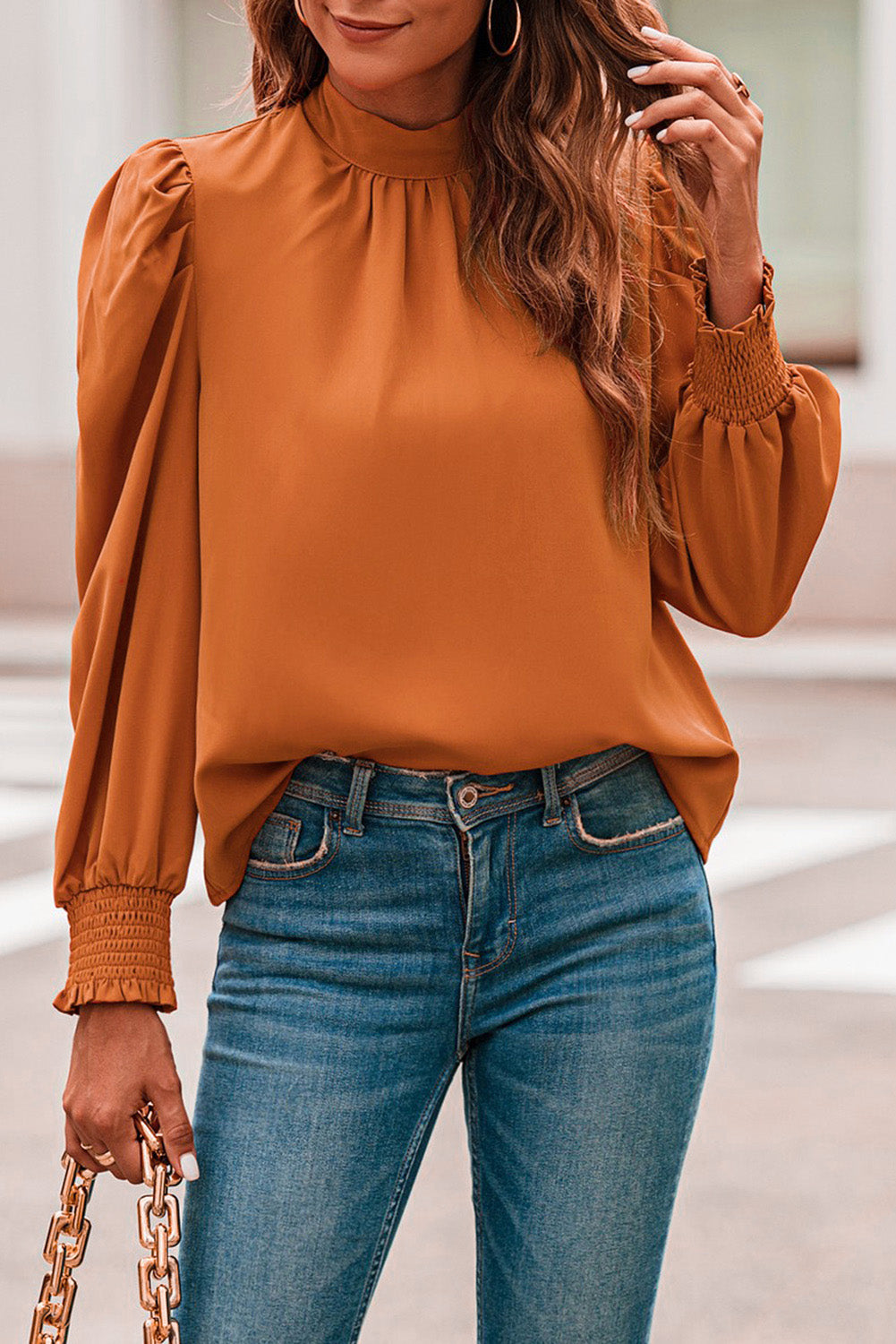 Orange Long Bubble Sleeve Mock Neck Chiffon Blouse - LA Grand