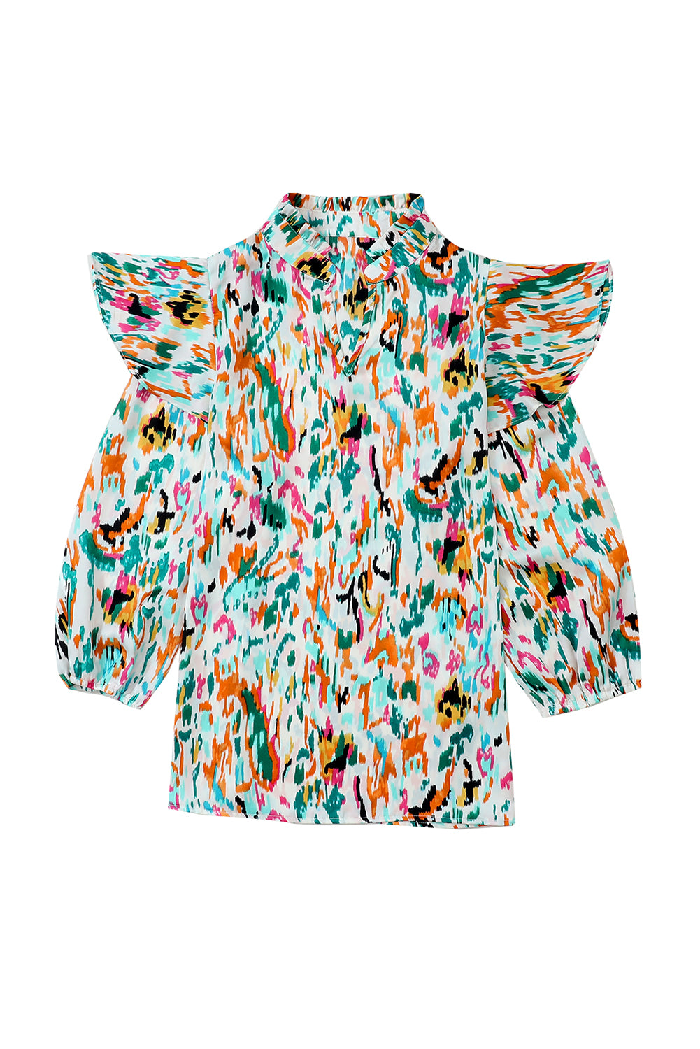 Multicolour Abstract Print 3/4 Puff Sleeve Ruffle Blouse - LA Grand