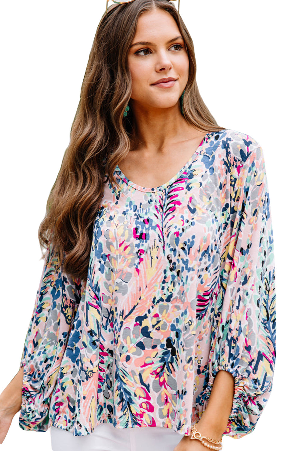 Blue Floral Print Puffy Sleeve Loose Blouse - LA Grand