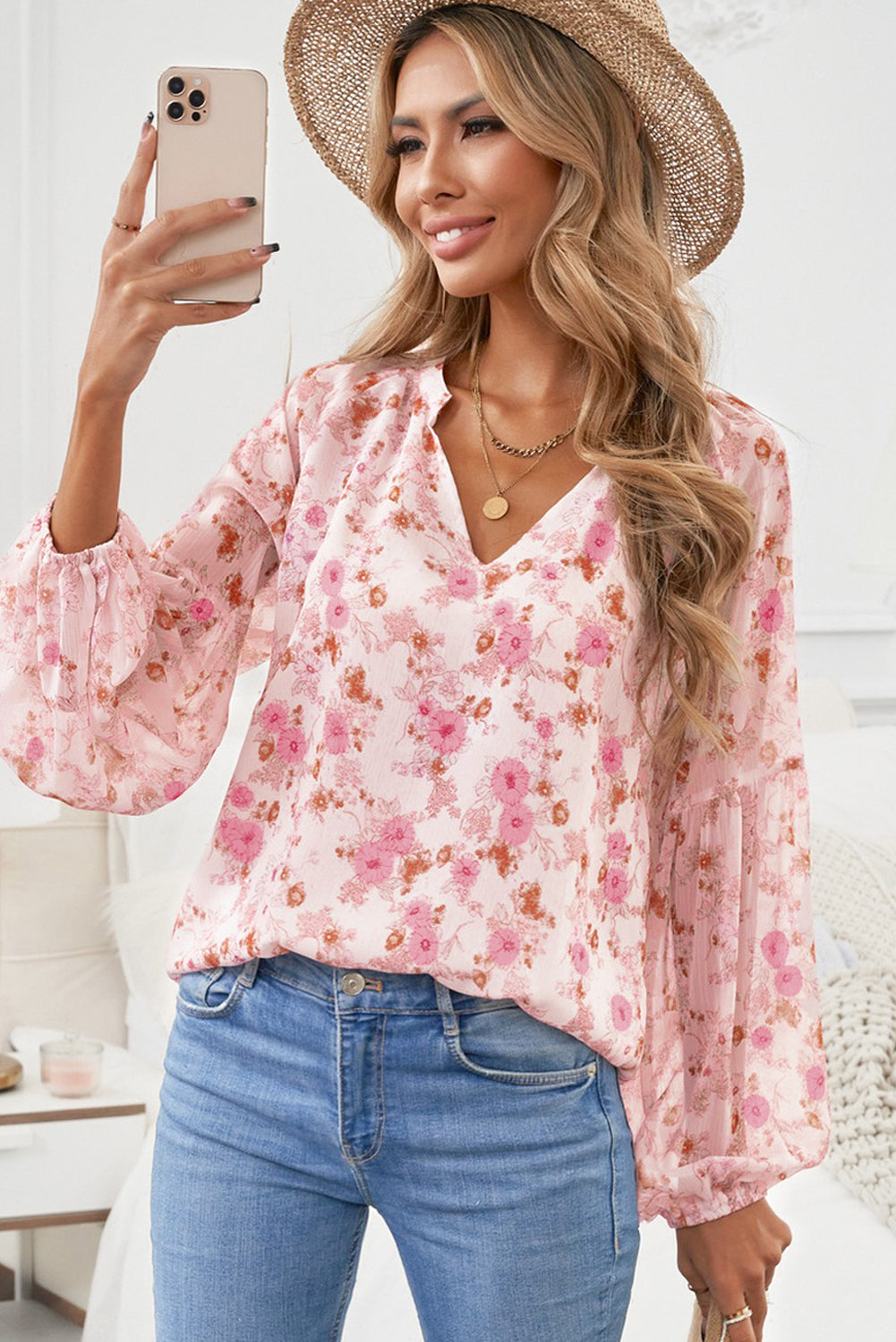 White Floral Print V Neck Long Puff Sleeve Top - LA Grand