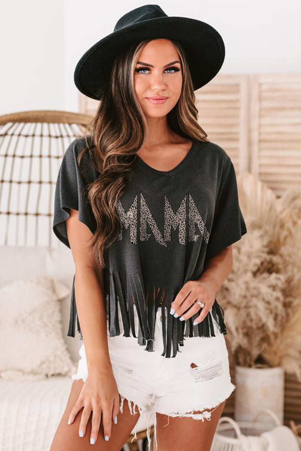 Black Leopard MAMA Fringed Hem Top - LA Grand