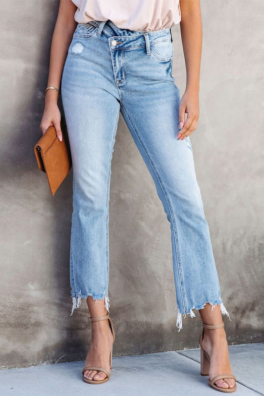 Sky Blue Cross Over Waist Raw Edge Cropped Jeans - LA Grand