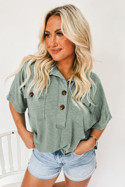 Moonlight Jade Chest Pockets Half Buttoned Collared Blouse - LA Grand