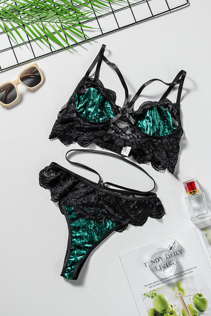 Green Strappy Lace Velvet Bralette Set - LA Grand