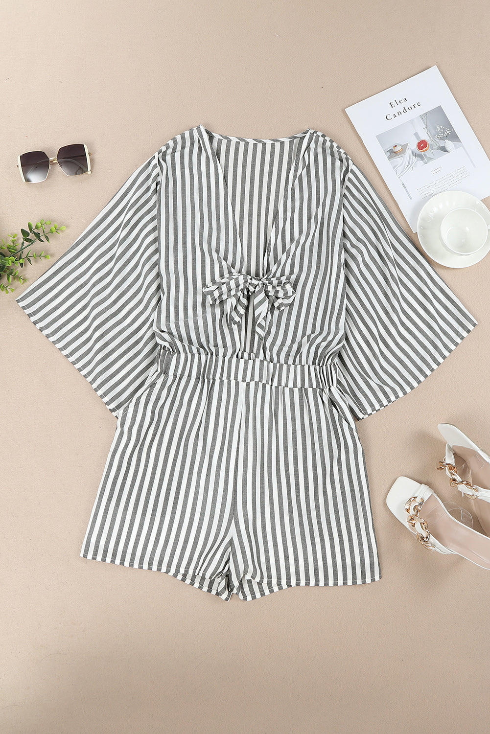 Gray 3/4 Wide Kimono Sleeves Tie Front Striped Romper with Pockets - LA Grand