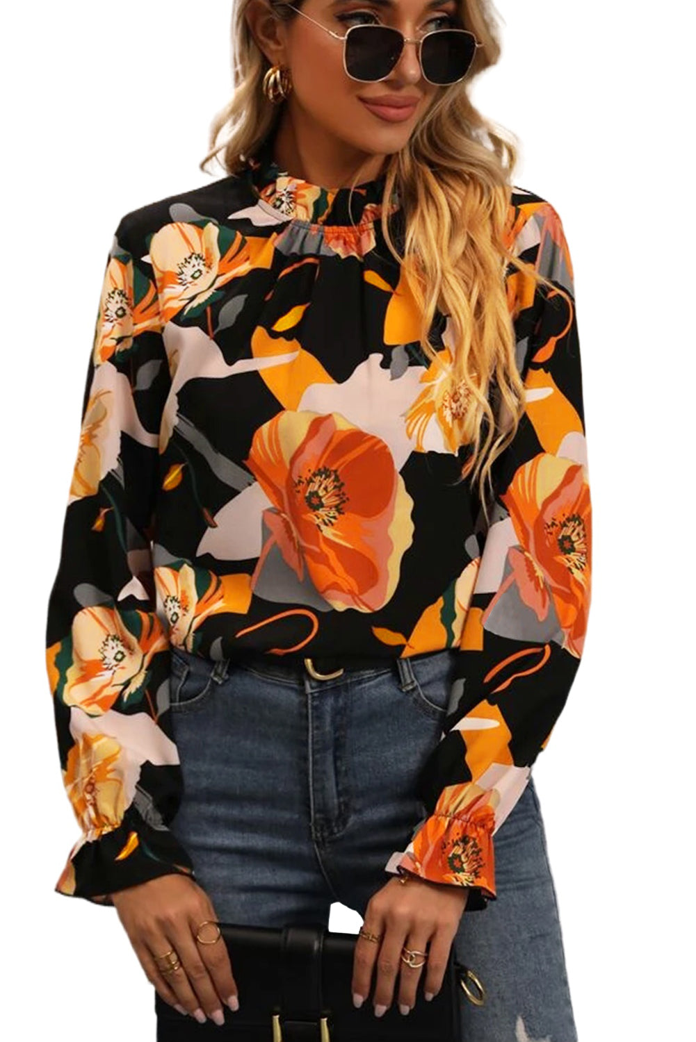 Black Floral Print Mock Neck Blouse - LA Grand