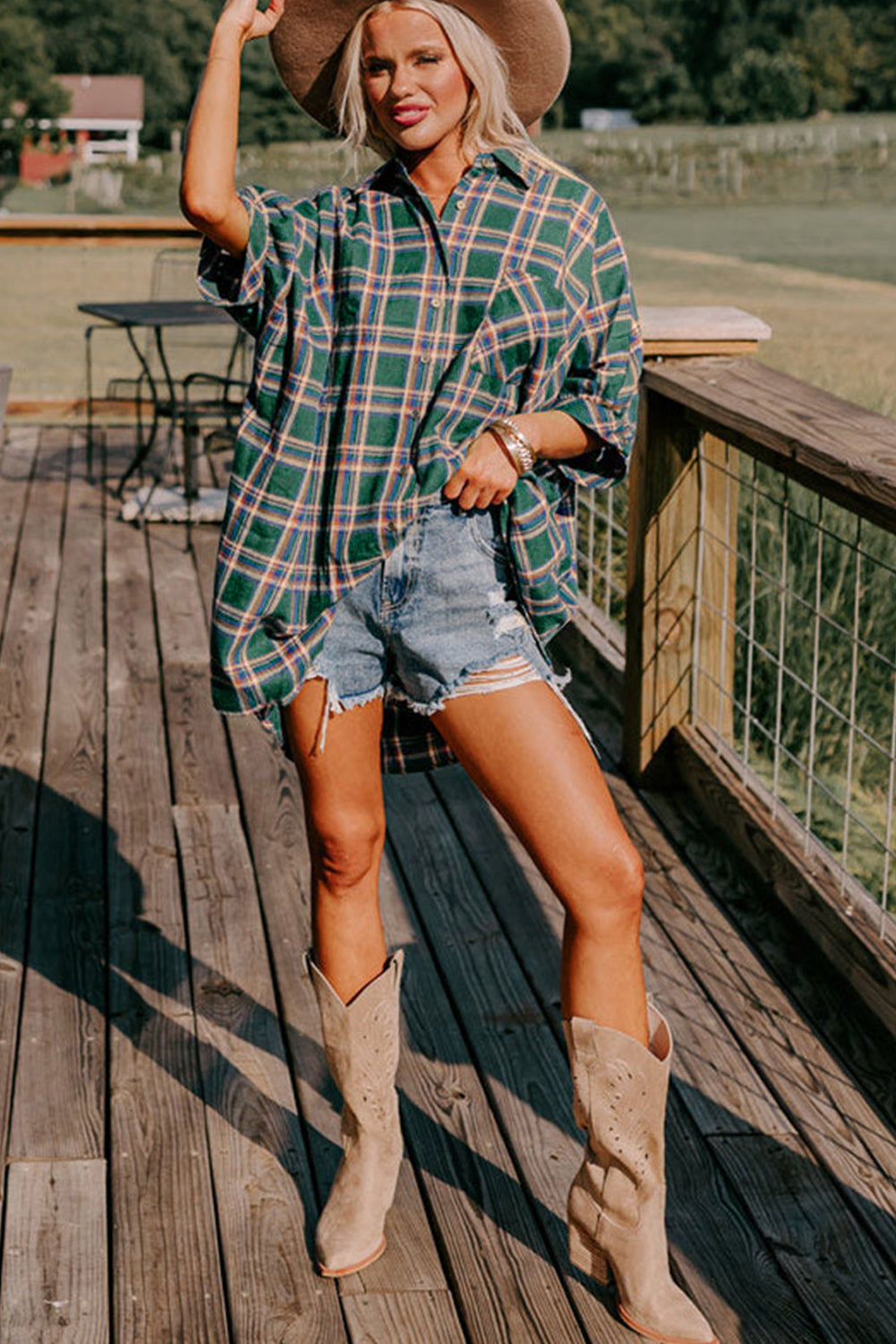 Green Oversized Plaid Half Sleeve Tunic Shirt - LA Grand